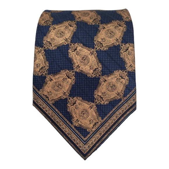 GIANFRANCO FERRE Blue & Gold Arabesque Print Silk Tie Italy 60